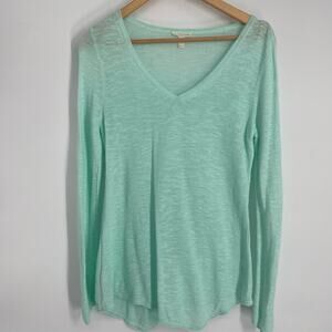 Eileen Fisher Sweater Women’s PM Teal Linen Coastal Resortwear Asymmetrical Hem